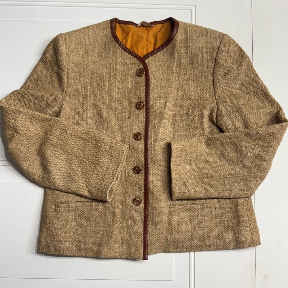 Vintage Liz Claiborne Burlap Cotton Faux Leather Trim Blazer Jacket Size 10
